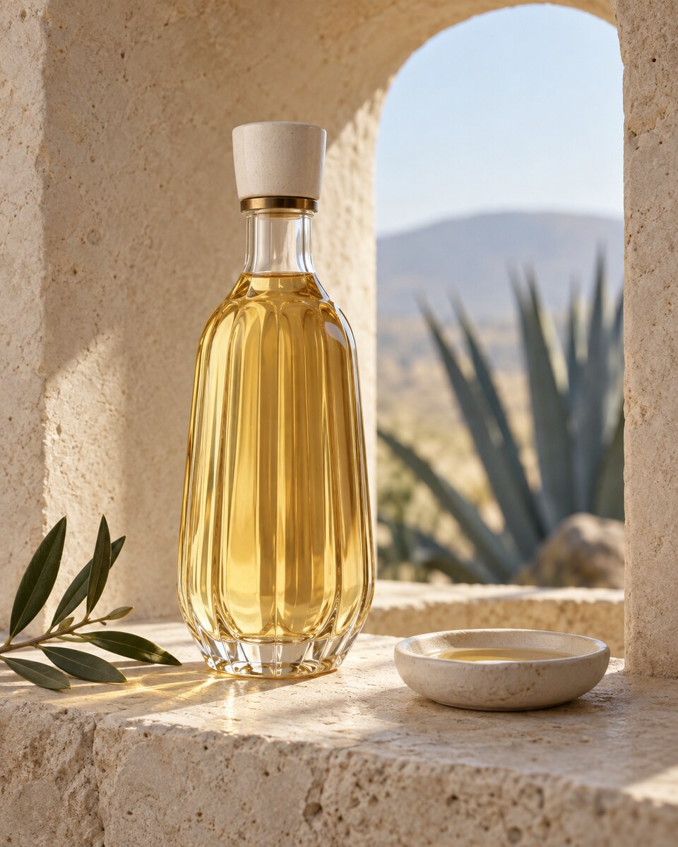 Claro concept: a clear sculptural bottle in a pale limestone niche