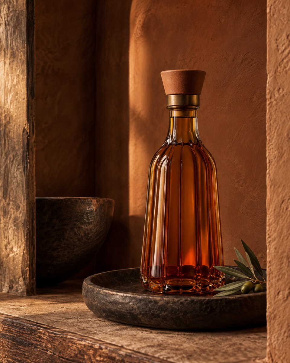 Cobre concept: an amber sculptural bottle in a warm terracotta niche