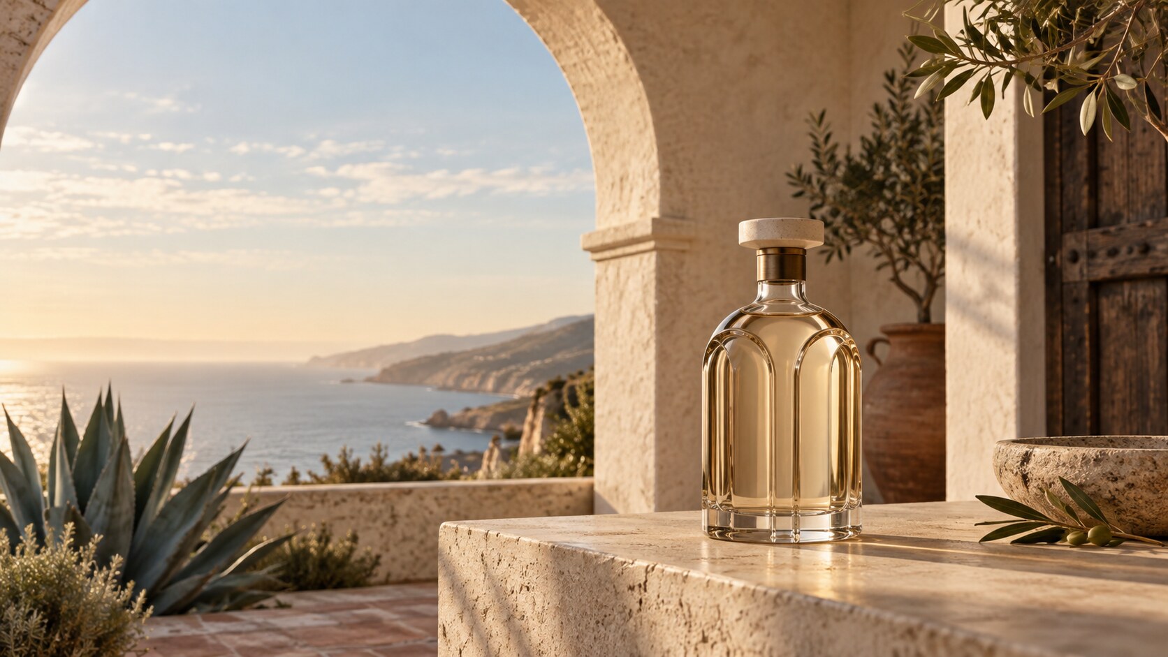 Conceptual unlabeled glass vessel displayed beneath a sunlit stone arch